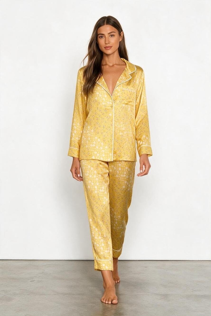 Revolve Satin Floral Pajama Set Yellow Size XS NWT